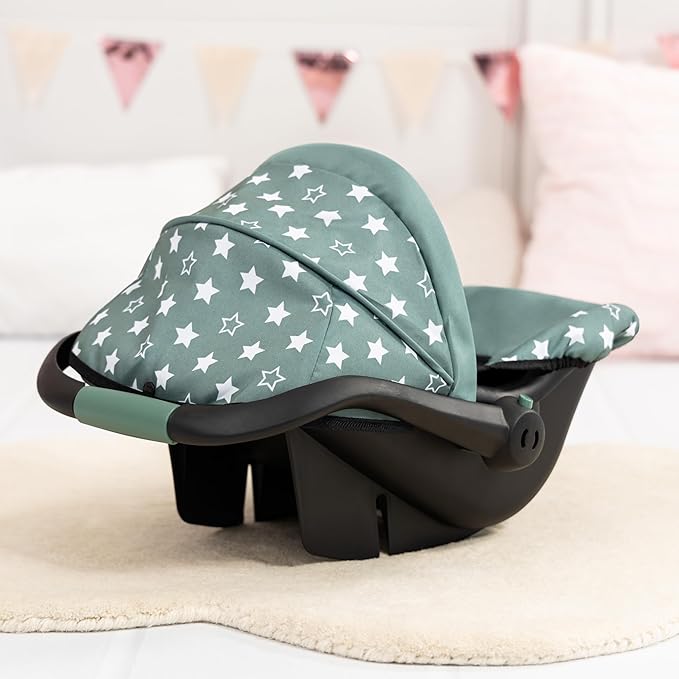 Bayer Design Reborn Baby Doll Car Seat with Sun Shade Canopy - Grey-Green Stars, Portable Doll Carseat for 18" Dolls