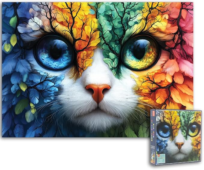 Seasons of The Feline 1000 Piece Jigsaw Puzzle, Four Seasons Cat Art Puzzle for Adults, Vibrant Colors, Premium Magnetic Box & Poster, Challenging Puzzle Gift for Cat & Nature Lovers