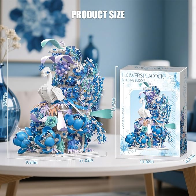 Blue Flowers Peacock Building Set for Adults - Creative Animal Botanicals Peacock Bird Toy Home Office Art Deocr, Compatible with Lego, for Women Mom (2470 PCS)