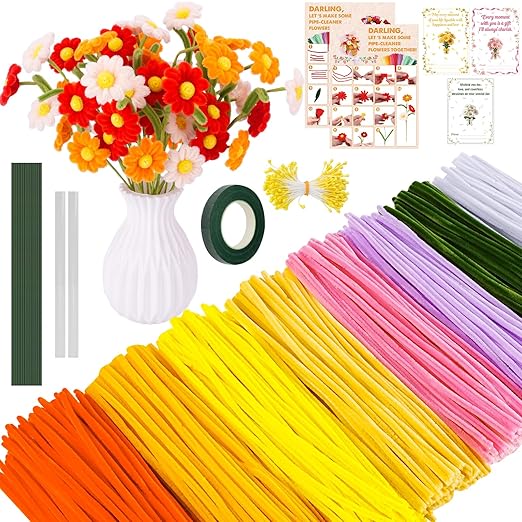 900PCS Pipe Cleaners Flower Kit, Pipe Cleaner Bulk Craft Flower Making Kit with Instruction, 8 Colors Thick Chenille Stems for Arts DIY Craft Supplies with Greeting Card, Floral Wires, Tape, Stamen