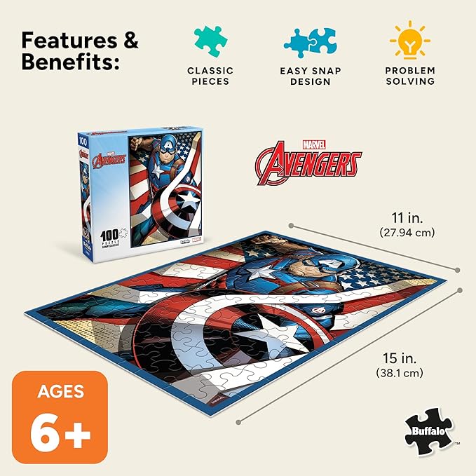 Buffalo Games - Marvel - Captain America: The First Avenger - 100 Piece Jigsaw Puzzle for Families -Challenging Puzzle Perfect for Game Nights - Finished Size is 15.00 x 11.00