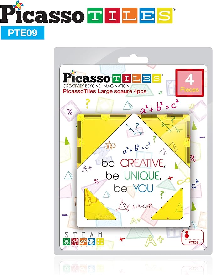 PicassoTiles 4pcs Magnetic Building Block Large Square Shape Magnet Tiles Construction Toy STEM Learning Kit Educational Playset Playboard Pretend Play Stacking Blocks Child Brain Development PTE09