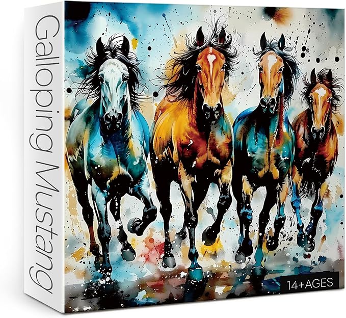 Art Vintage Horse Puzzles for Adults 1000 Pieces, Colorful Aesthetic Animal Painting Jigsaw Puzzles, Funny Hard Challenging Mustang Puzzle