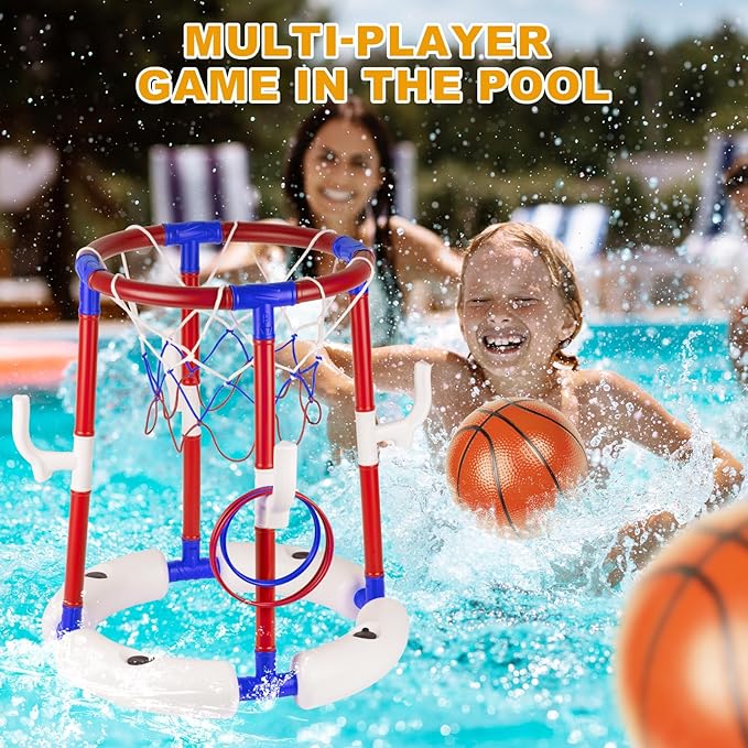 Taotuo Red Floating Pool Basketball Hoop, 2-in-1 Basketball & Ring Toss Game with 4 Balls, 6 Rings&Pump, Summer Pool Toys Outdoor Water Fun Family Party for Age 3-12