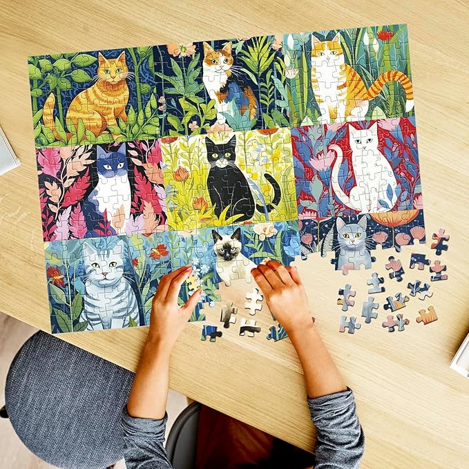 300 Piece Puzzle for Adults-Cats and Flowers | Recycled Cardboard Jigsaw Puzzles 300 Pieces | Challenging Family Activity Great Gift Idea for Family Friends | Difficult Puzzles Size 20.5X 15 inches