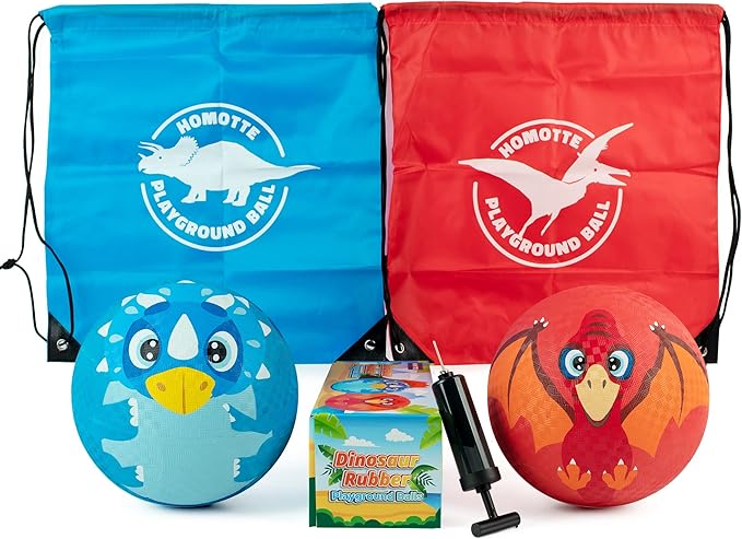 Kickball for Kids and Toddlers 1-3, 2 Pack Big 8.5 Inch Rubber Balls for Playground, Outdoor Bouncing Balls w/Pump and Dinosaur Themed Drawstring Bags, Child Ball Gift for Boys Girls