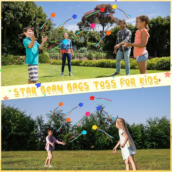 36PCS Star Bean Bags Toss for Kids Small Cornhole Bean Bags for Tossing with Storage Bag Hand Tossing Family Game Colorful Mini Star Shaped Beanbag with Ribbons Toddler Carnival Outdoor Sport Supply
