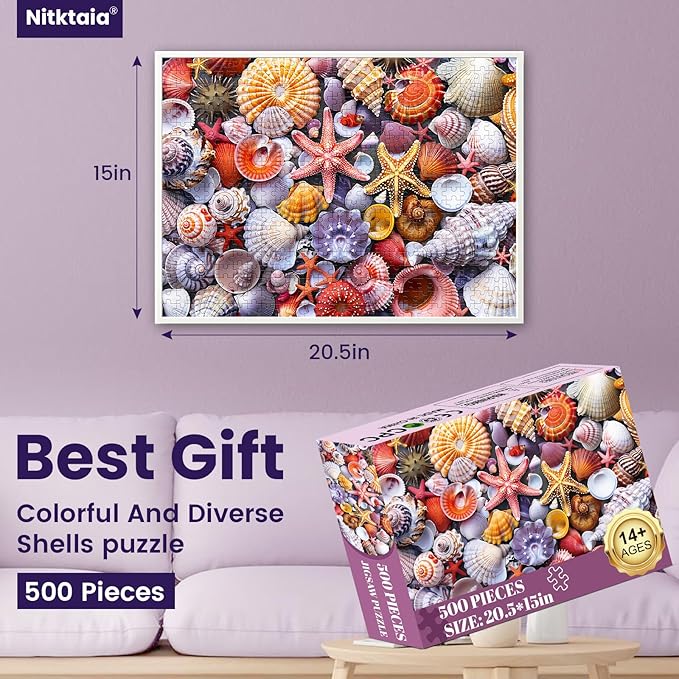 500 Pieces Jigsaw Puzzles for Adults–Colorful Beach Shells Puzzle for Adults Elderly–Recycled Paper Puzzle 500 Pieces–Glossy, Sturdy Pieces Challenging Family Game Great Gift Idea (20.5x15in)