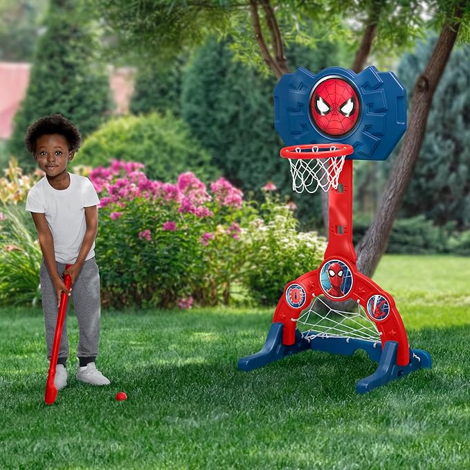 Delta Children Marvel Spider Man 4-in-1 Sports Center – Adjustable Easy Score Basketball Hoop, Soccer/Hockey Net and Golf Game, Red/Blue