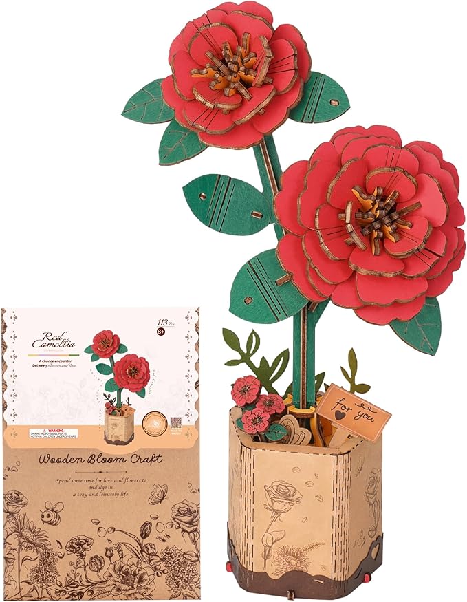 ROBOTIME 3D Puzzle Wooden Flower Red Camellia DIY Model Kit to Build for Adults Artifical Bouquet Collection Craft Brain Teaser Puzzle Creative Gift Home Decor