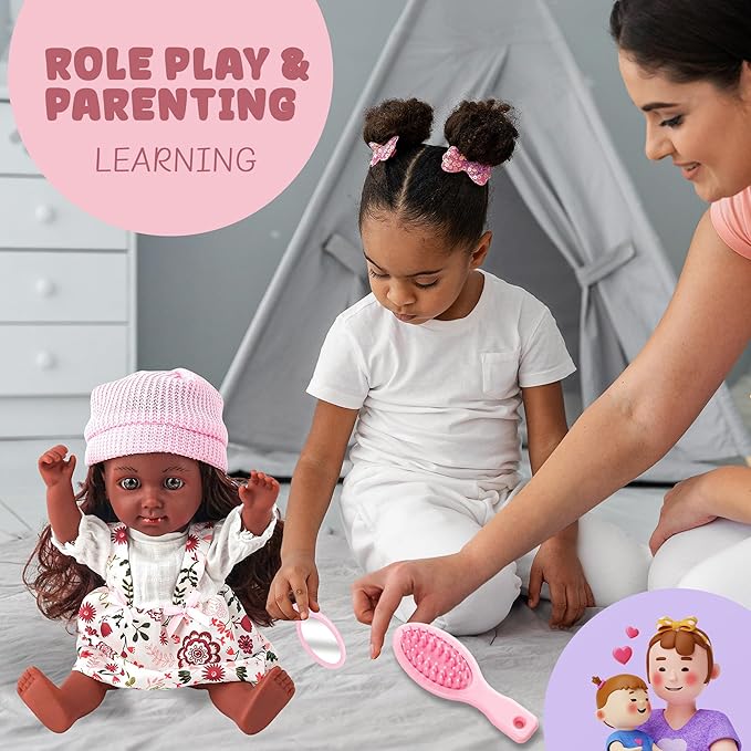 SMILESSKIDDO Baby Doll, 12 inch Black Interactive Talking Doll with Hair, Mirror, Comb Accessories, Soft Vinyl Body & Sounds – Perfect Pretend Play Toy for Toddlers Girls 2 3 4 5 6