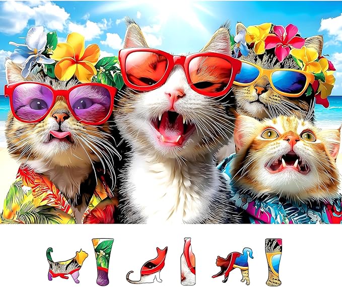Jigsaw Puzzles 500 Pieces for Adults Cat Beach Selfie Summer Theme Puzzle for Family Fun Challenging, Party Game Fun Animal Gifts Decoration (23 x 15 Inch)