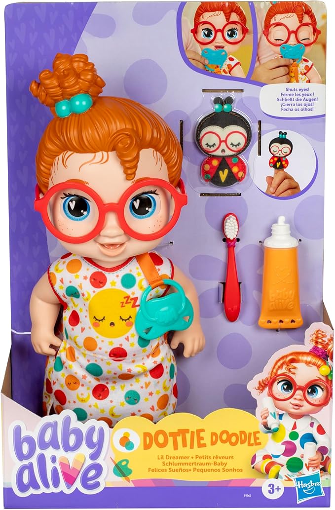 Baby Alive Lil Dreamer Dottie Doodle Sleepy Baby Doll Set, Red Hair, Fun Sleepover Theme, Preschool Toys for Girls & Boys 3 Years & Up
