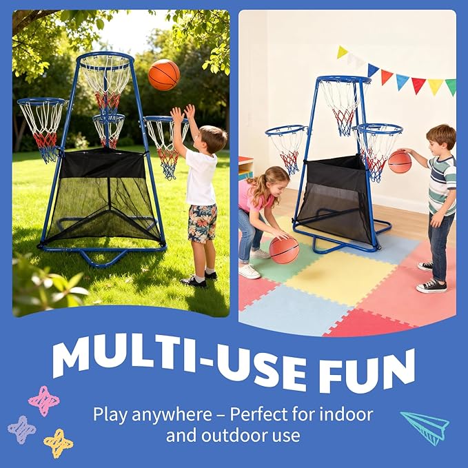 GarveeHome 4-Hoop Kids Basketball Set,Indoor & Outdoor Toddler Basketball Goal for Ages 3-6, Preschool Sports Toy with 4 Balls and Pump, Fun Active Play Gift