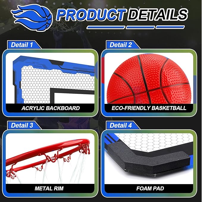 Indoor Mini Basketball Hoop Set Gift for Kids Adults, Upgrade Over Door Hoop with 4 Rubber 6" Balls, Wall Mount Hoop for Bedroom Yard, Christmas Stocking Stuffer Gift for Boys Teen