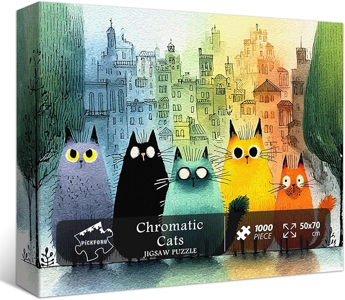 PICKFORU Gradient Cat Puzzles for Adults 1000 Pieces, Colorful City Jigsaw Puzzle, Cute Kitten Puzzle as Wall Art Decor