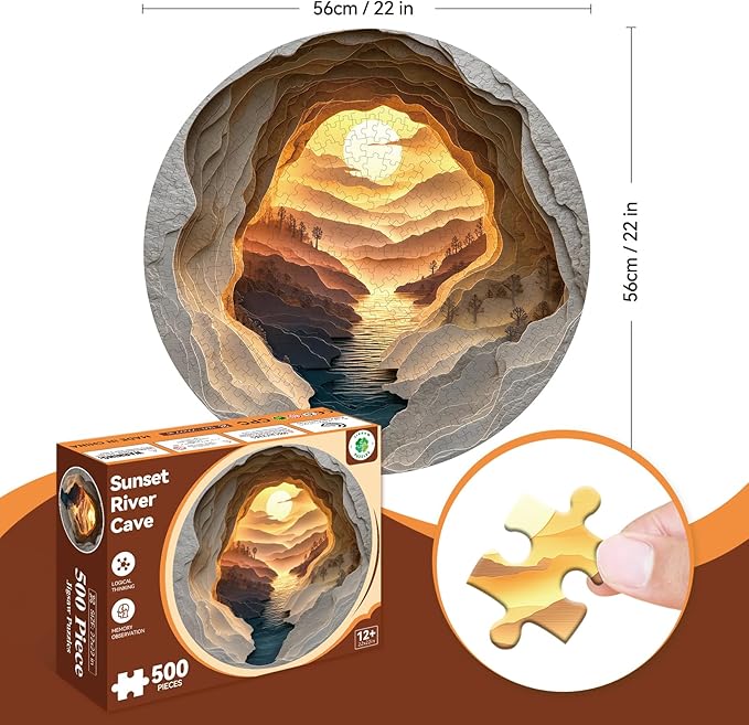 3D Visual Art Puzzles for Adults, 500 Piece Cave Sunset River Jigsaw Puzzle for Adults, Scenic Circular Landscape Puzzle 500 Pieces, Challenging Family Puzzle, 22 x 22 inches