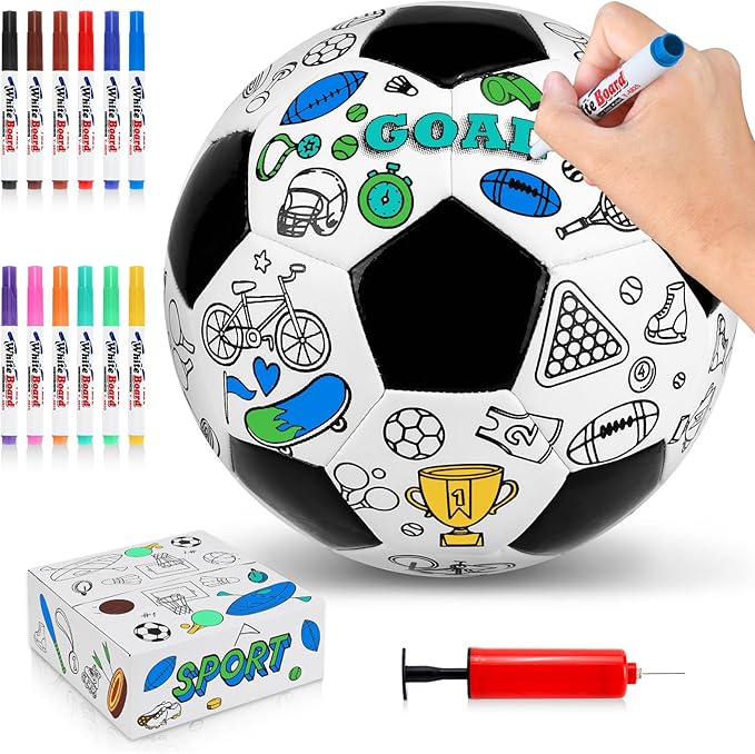 Size 4 Color Your Own Soccer Ball Black DIY Custom Craft Kit with Pump 12 Markers Personalized Youth Toddler Training Paint Your Own Toy Creative Gift for Kids (Black Soccer Ball, 4)