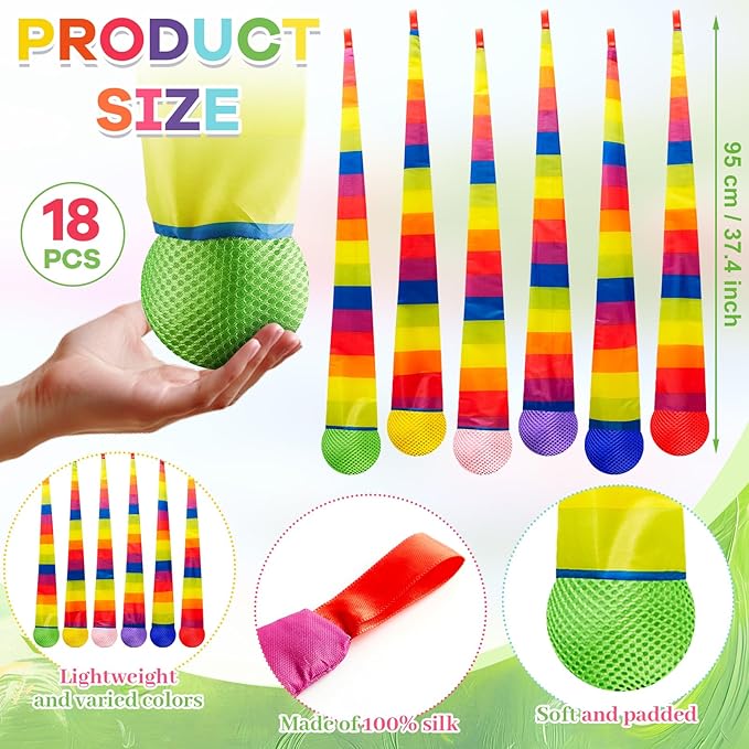 18 Pcs 37.4 Inch Throw and Catch Balls with Rainbow Tail Soft Sports Comet Balls Colorful Playground Toys Bulk for Kids Adults Physical Equipment for Indoor Outdoor School Classroom Beach Fun Games