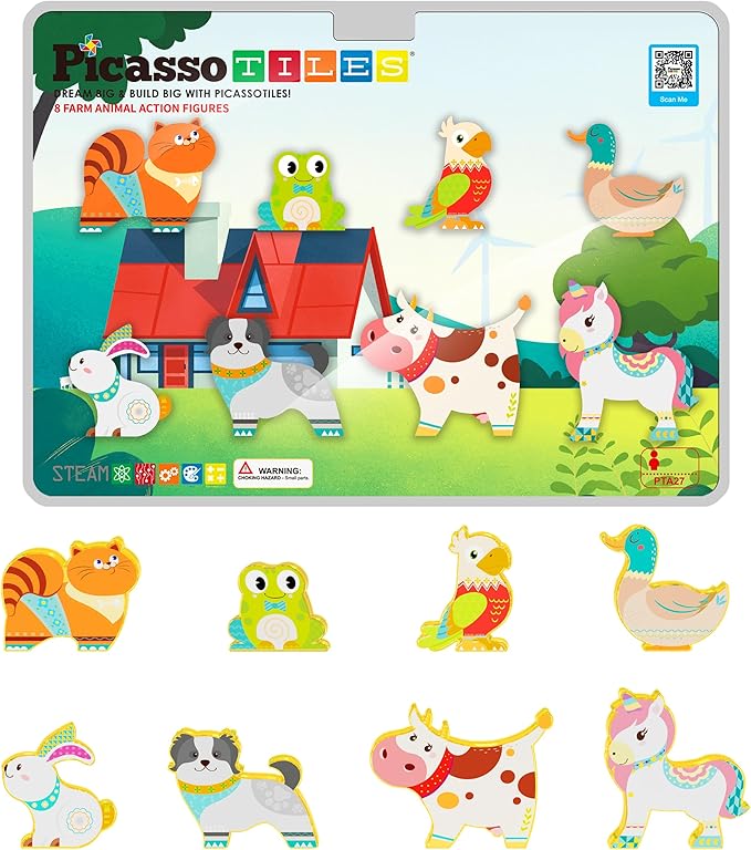 PicassoTiles Magnetic Tiles 8 Character Farm Animal Accessory Add on Set Compatible with Picasso Magnet Tile Playsets Pretend Play Preschool Toy STEM Educational Toys for Learning Kids Ages 3+ PTA27