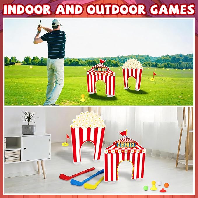 19 PCS Carnival Party Mini Golf Game Set Circus Tent Popcorn Game Set Include Clubs Balls Carnival Themed Obstacles for Groups Circus Birthday Golf Gaming Indoor Family Party Decoration