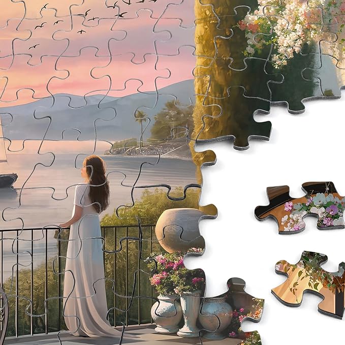 Puzzles for Adults 1000 Pieces, Rocorose Sunset Courtyard Puzzle Sea Landscape Challenging Family Puzzles for Gift Game Night Fun Activity Christmas Home Decor
