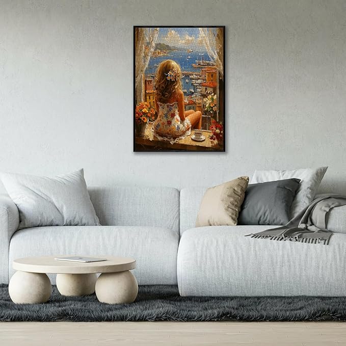 Mediterranean Coastal View Jigsaw Puzzle for Adults 1000 Pieces - Dreamy Vacation Scene with Woman & Terracotta Town, 28”x20” Panoramic, Lettered Back, Premium Home Decor & Travel Gift