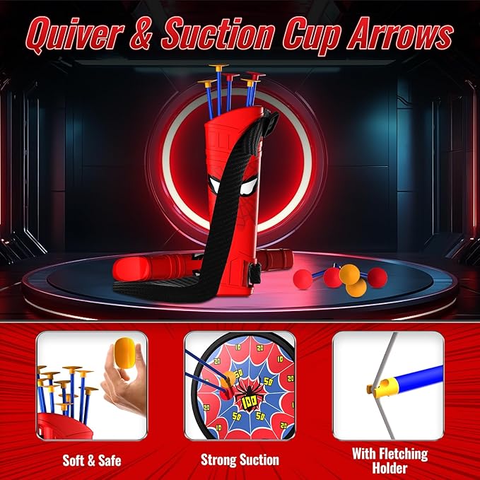 Spider Bow and Arrow Set for Kids, 2 Pack Led Archery Set, Bow Arrow Set with 20 Suction Cup Arrows, Target with Stand & 6 Target Cans, Birthday Gift Bow and Arrow Set for Kids 4-6