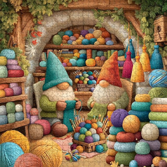 Funny Knitting Gnomes Puzzle for Adults 1000 Pieces，Vintage Cozy Yarn Workshop Colorful Art Puzzle，Cute Sewing Room Gnomes Jigsaw Puzzle Challenge