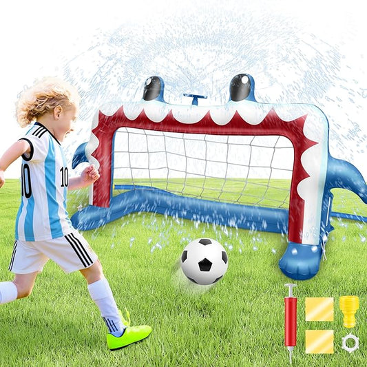 Water Sprinkler Soccer Toys, Inflatable Shark Soccer Goal Sprinkler with a Soccer Ball Backyard Outdoor Summer Toys for Boys Girls Outside Yard Water Football Game Toys for Kids Ages 3-8