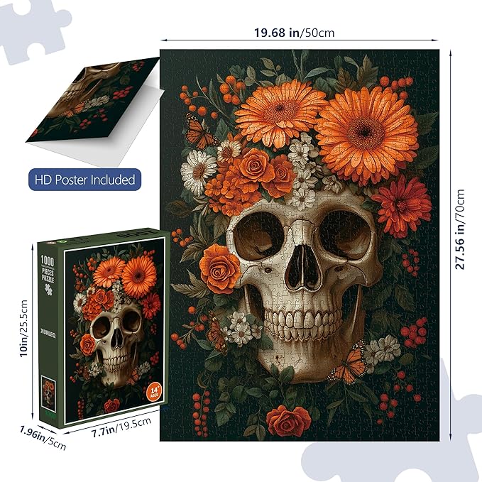 Vintage Skeleton’s Floral 1000-Piece Jigsaw Puzzle for Adults –Challenging Dark Halloween Skeleton Art, Premium Matte Finish, 27.56 x 19.68 Inches, Perfect for Game Nights