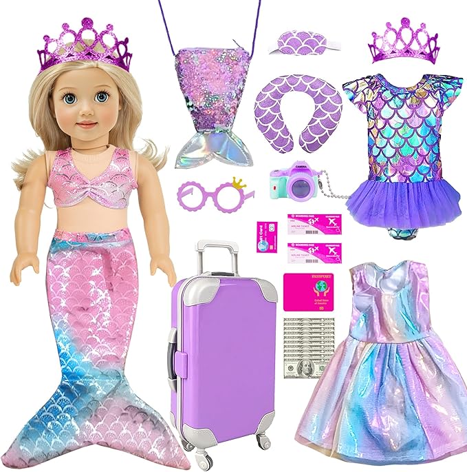 Mermaid 18 inch Doll Clothes and Doll Accessories Case Luggage Travel Play Set Include Suitcase, Dresses, Bag, Camera, Glasses, Pillow, Eyeshade Etc (No Doll)