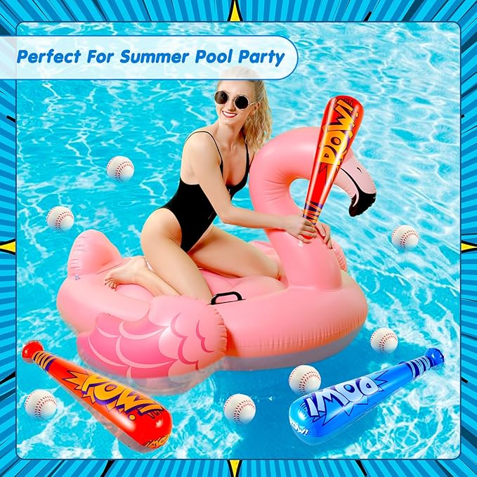 Seematn 16 Sets Inflatable Baseball Bats and Baseballs Set Includes 17 Inch Pow Inflatable Baseball Bats and 2.5 Inch Mini Foam Baseballs for Sports Party Favor Carnival Birthday (Red,Blue)