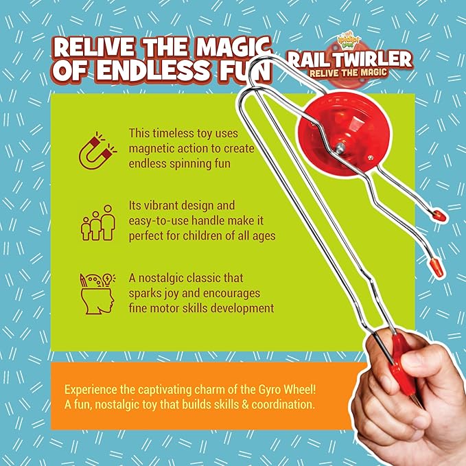 Retro Magic Rail Twirler - 3 Pack - Light Up Magnetic Stocking Stuffers For Kids - Sensory Toy With Spinning Wheel and Flashing LEDs | Rail Twister Vintage Fidget Toy for Adults & Children | 3 Colors