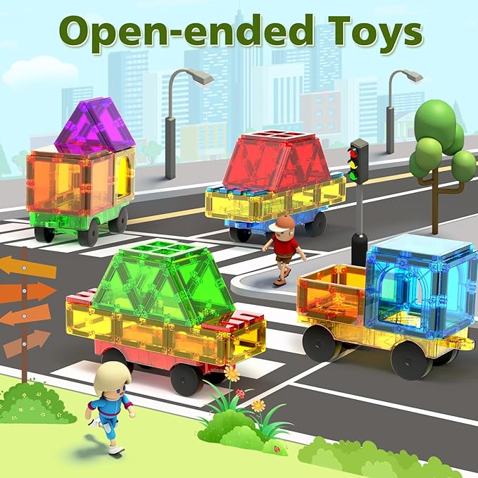 Magnetic Tiles Cars Construction Set, 4 PCS Magnet Cars Magnetic Building Blocks Toy for Kids Ages 4-8 3-5 Magnet Bricks Truck Kit Educational Sensory Toys Gifts for 3+ Year Old Boys & Girls Christmas