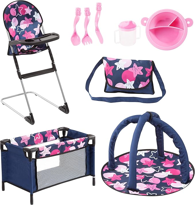 Bayer Real Life Baby Doll Accessories - 9-in-1 Furniture Set with Highchair, Travel Bed, Dining Set