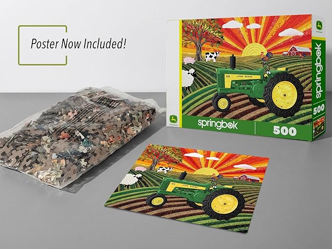 Springbok Sunny Pastures 500 Piece Jigsaw Puzzle for Adults – Poster Now INCULDED - John Deere Tractor – Unique Cut Pieces – Made in USA