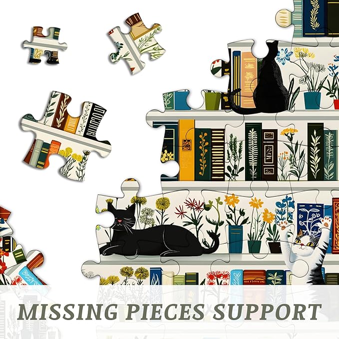 Retro Bookshelf Book Jigsaw Puzzles 1000 Pieces, PICKFORU Vintage Cat Flower Puzzles for Adults Wildflower, Funny Cute Kitten Theme as Wall Decor