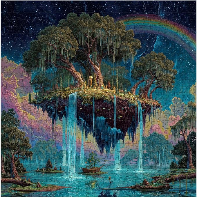 Fantasy Forest Floating Island Puzzle 1000 Pieces for Adults, Magic Rainbow Waterfall Jigsaw Puzzle, Lake Starry Night Cloud Art Puzzles