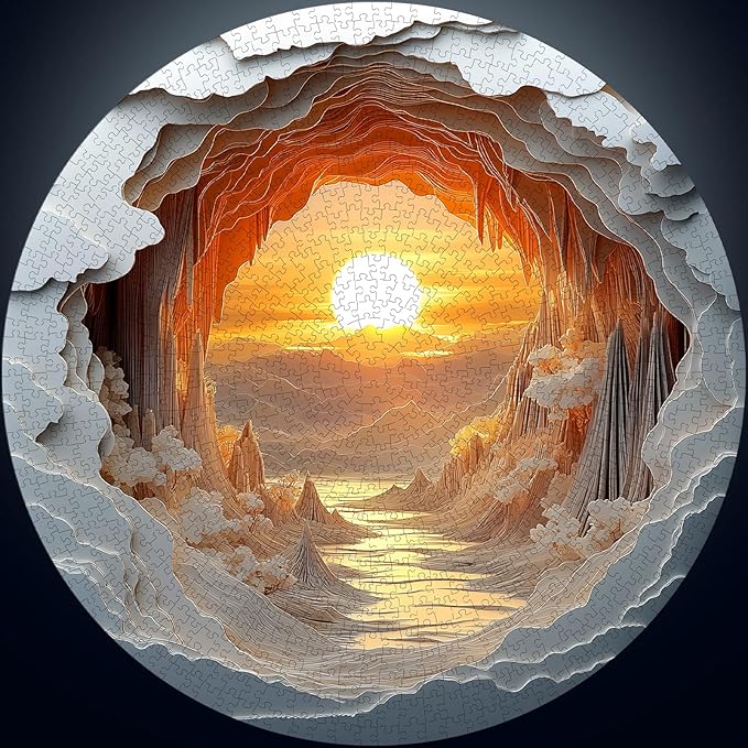 3D Stereo Visual Puzzles for Adults 1000 Pieces - Unique Dawn Cave Round Jigsaw Puzzle Stereo Effect, Beautiful Canyon Sunset Landscape Puzzle with Letters on Back, Challenging Hard Difficult Puzzles