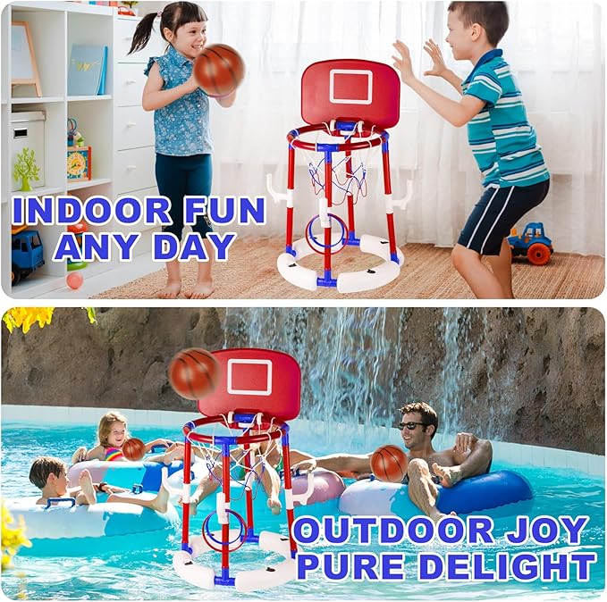 2-in-1 Floating Pool Basketball Hoop with Backboard, 4 Balls, 6 Rings & Pump, Stable Water Basketball Hoop & Ring Toss Pool Games for Ages 4-12, Summer Fun & Outdoor Indoor Family Pool Toys