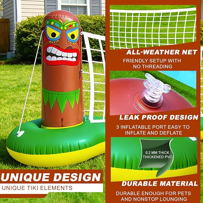 Large Inflatable Luau Tiki Pool Games Volleyball Net Pool Float Set with 9" Beach Ball, Floating Swimming Water Sports Game Toy for Adults, Summer Luau Tropical Hawaiian Party Supplies