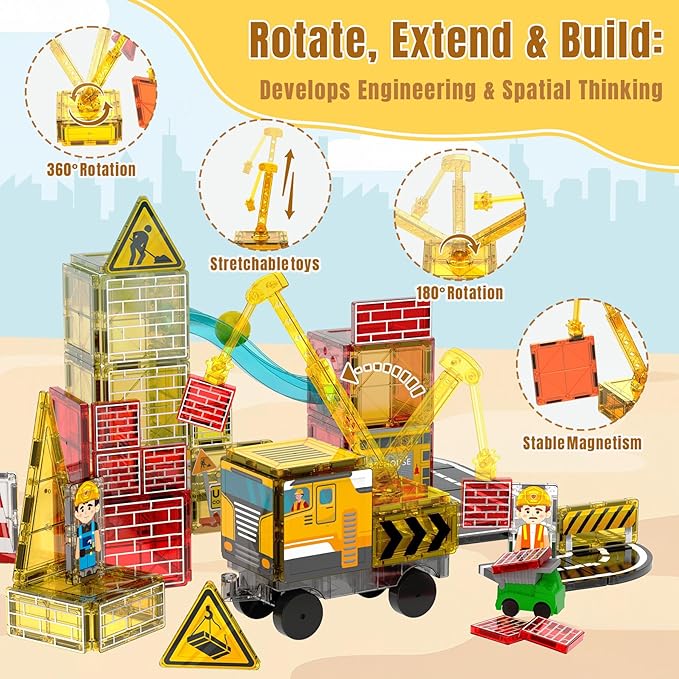 Magnetic Tiles Construction Toys with Road & Crane & Marble Run, Double-Sided Fire Station & Building Magnet Tiles for Kids Ages 4-8, STEM Magnetic Blocks Gifts for 3 4 5 6 7 8 Year Old Boys
