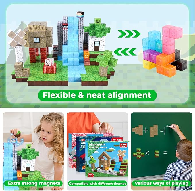 Magnetic Blocks-100PCS Magnetic Building Blocks Magnet Cube Toys Stacking,Build Forest World Set,STEM Montessori Sensory Toys for Kids Boys Girls Age 3 4 5 6 7 8 9 10 Easter Birthday Gift