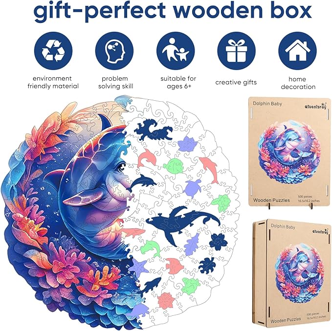 Qiuenisray Wooden Puzzles for Adults, Dolphin Baby Jigsaw Puzzles 500 Pieces, FSC Certified Unique Ocean Adult Puzzles, Irregular Wood Puzzles Creative Gift for Adults Family Game (16.2x16.5 in)