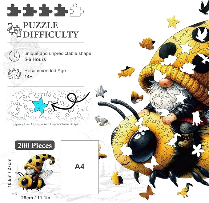Wooden Jigsaw Puzzles, Bee Gnome 200 Pieces Wooden Puzzles for Adults, 10.6"x11.1" Wooden Puzzles with Unique Shape, Great Gift and Family Game