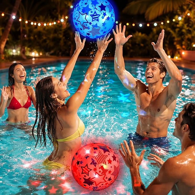 6 Pcs 4th of July Light up Beach Balls 12 Inch Patriotic Light up Beach Balls Bulk Giant Inflatable Red White and Blue Ball for Adults 250th Anniversary Beachy Summer Pool Outdoor Decor