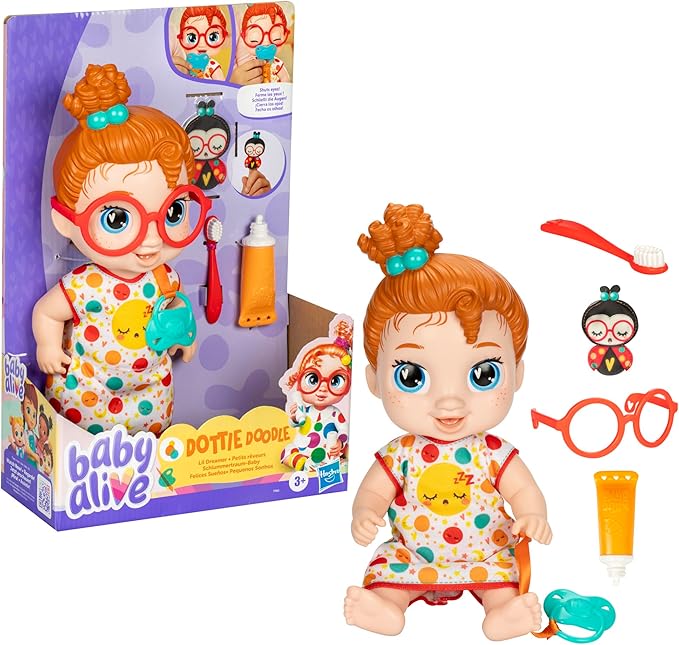 Baby Alive Lil Dreamer Dottie Doodle Sleepy Baby Doll Set, Red Hair, Fun Sleepover Theme, Preschool Toys for Girls & Boys 3 Years & Up