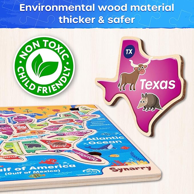 SYNARRY Large USA Wooden Puzzles for Kids Ages 3-5, Learning United States Map Puzzles for Kids Ages 4-6, Wood Jigsaw Puzzles Educational Games Toys for Boys Girls Ages 3-8, Easter Basket Stuffers