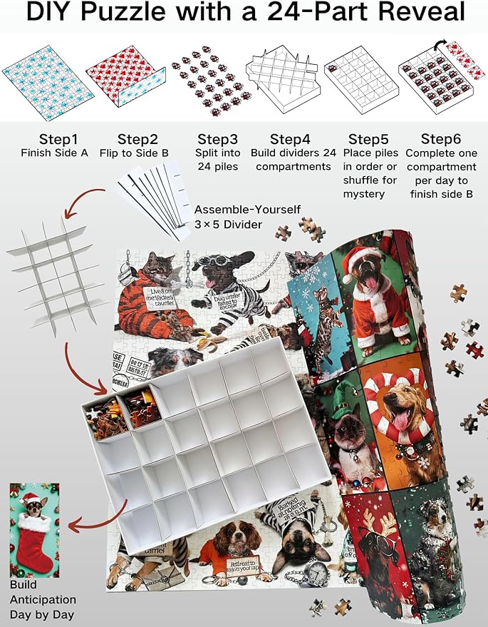 Double-Sided 1000-Piece Jigsaw Puzzle for Adults,DIY 24-Section Mystery Puzzle, Funny Jailhouse Dogs & Cats/Christmas Dress-Up Cats & Dogs, Challenging Family Fun, 27.6 x 19.7 in Hipazous